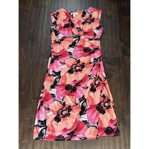 Women's "Dressbarn" Pink Floral Sleeveless Faux Wrap,‎ Ruched Dress; Size 4